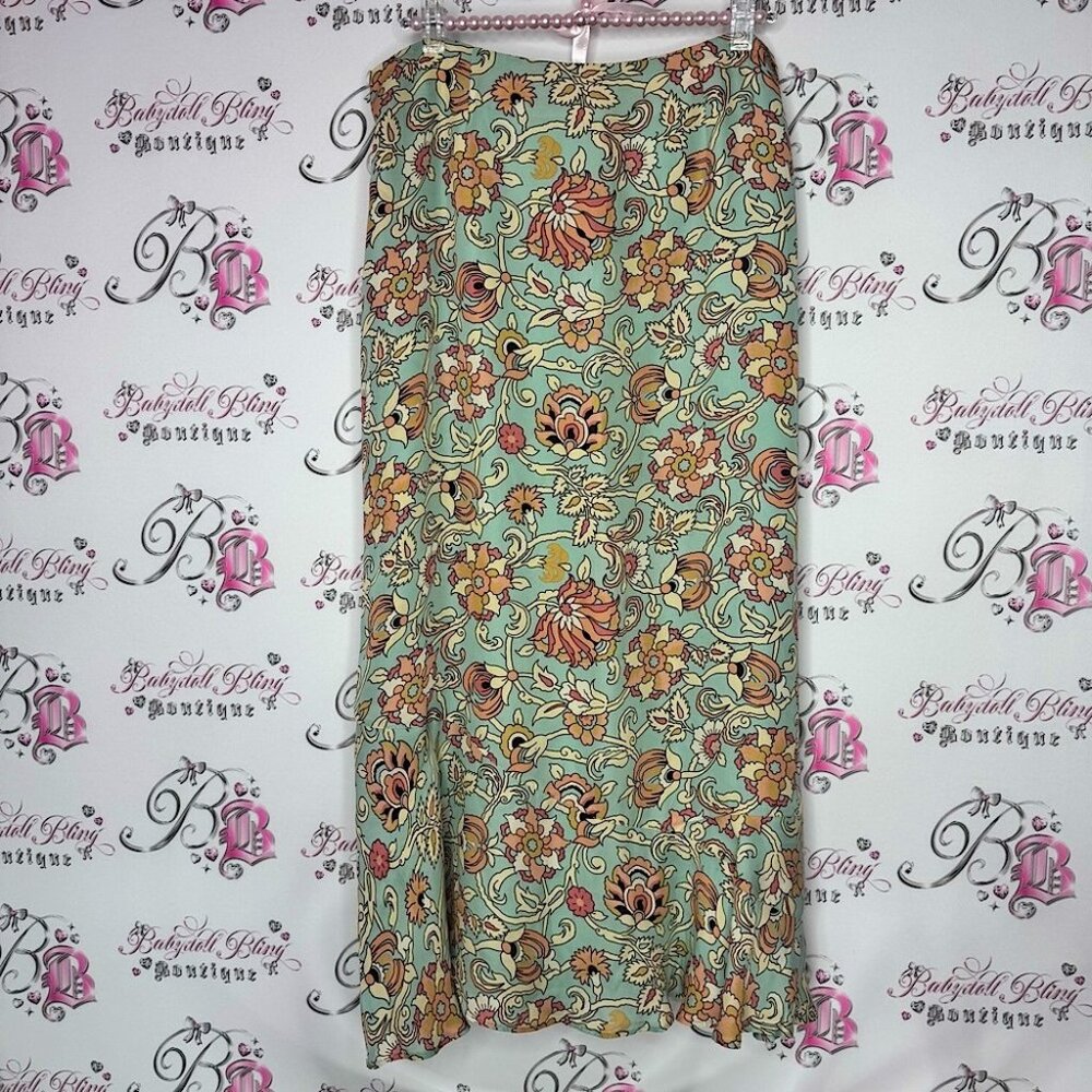 Harold’s skirt silk floral orange blue cream Print Women's Skirt long fairy hem